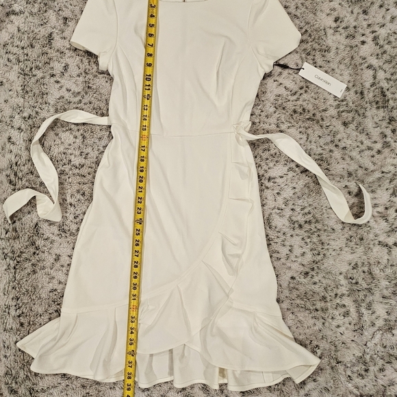 Calvin Klein NWT SZ 10 Ivory Short Sleeve Crepe Dress with Ruffle and Waist Tie - Picture 4 of 13